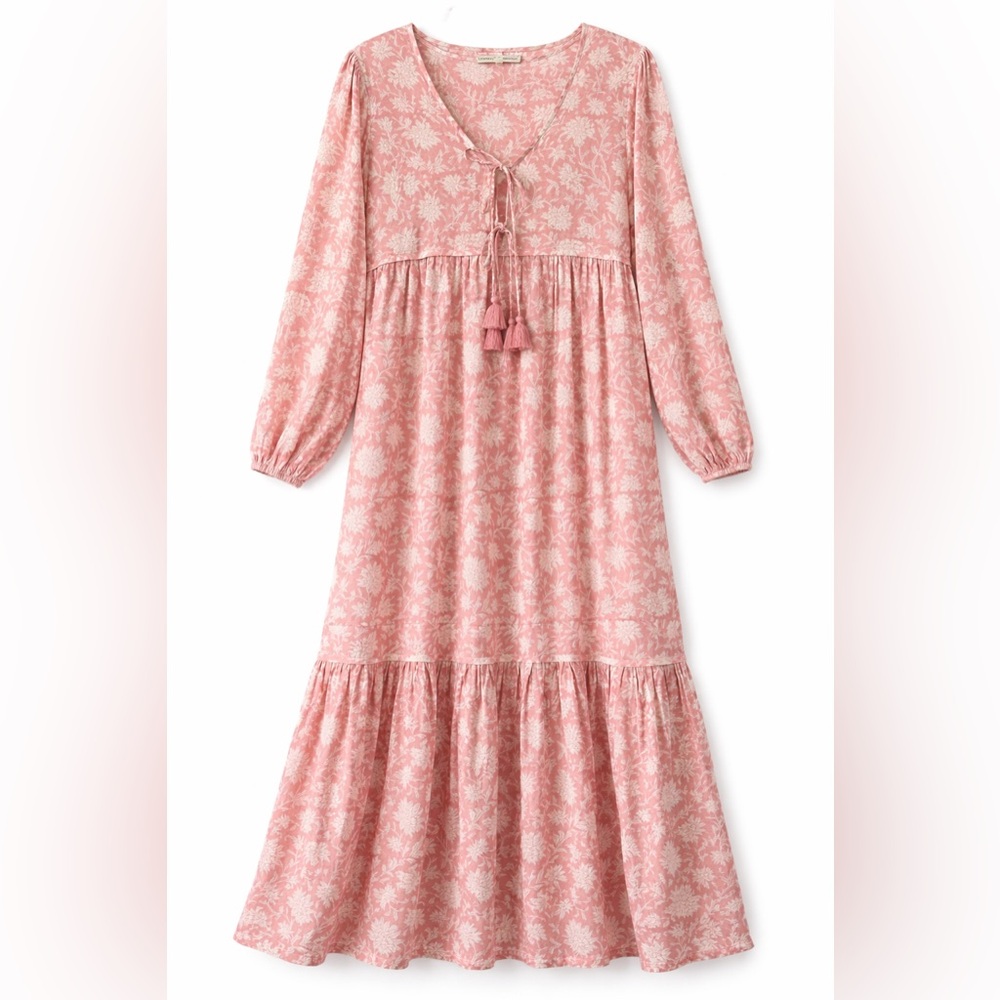 Ophelia & Indigo Pink Floral Boho Tiered Maxi Dress Tassel Tie S/M